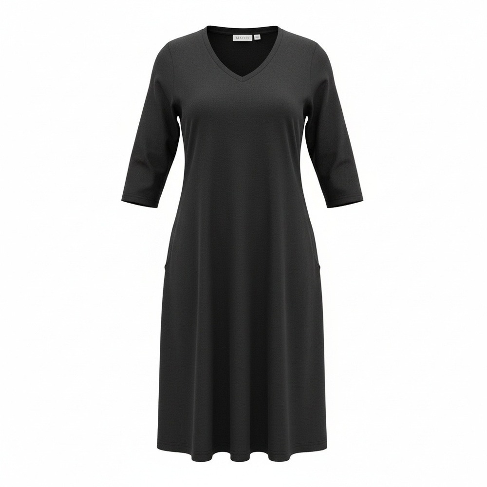 D&Co Active Black V Neck 3/4‎ Sleeve Midi Pocket Dress Women's Size M